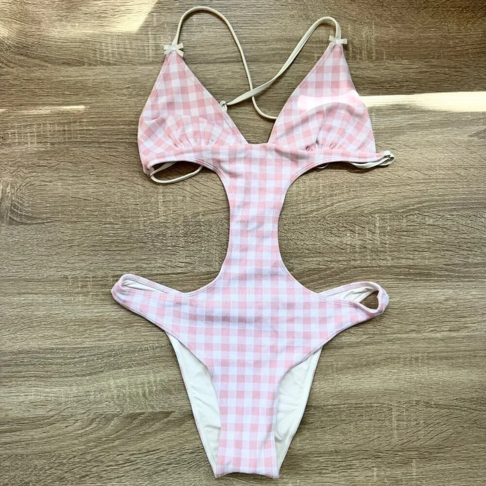 New Frankies Bikinis Cruise One Piece Swimsuit Check Gingham Pink White XL